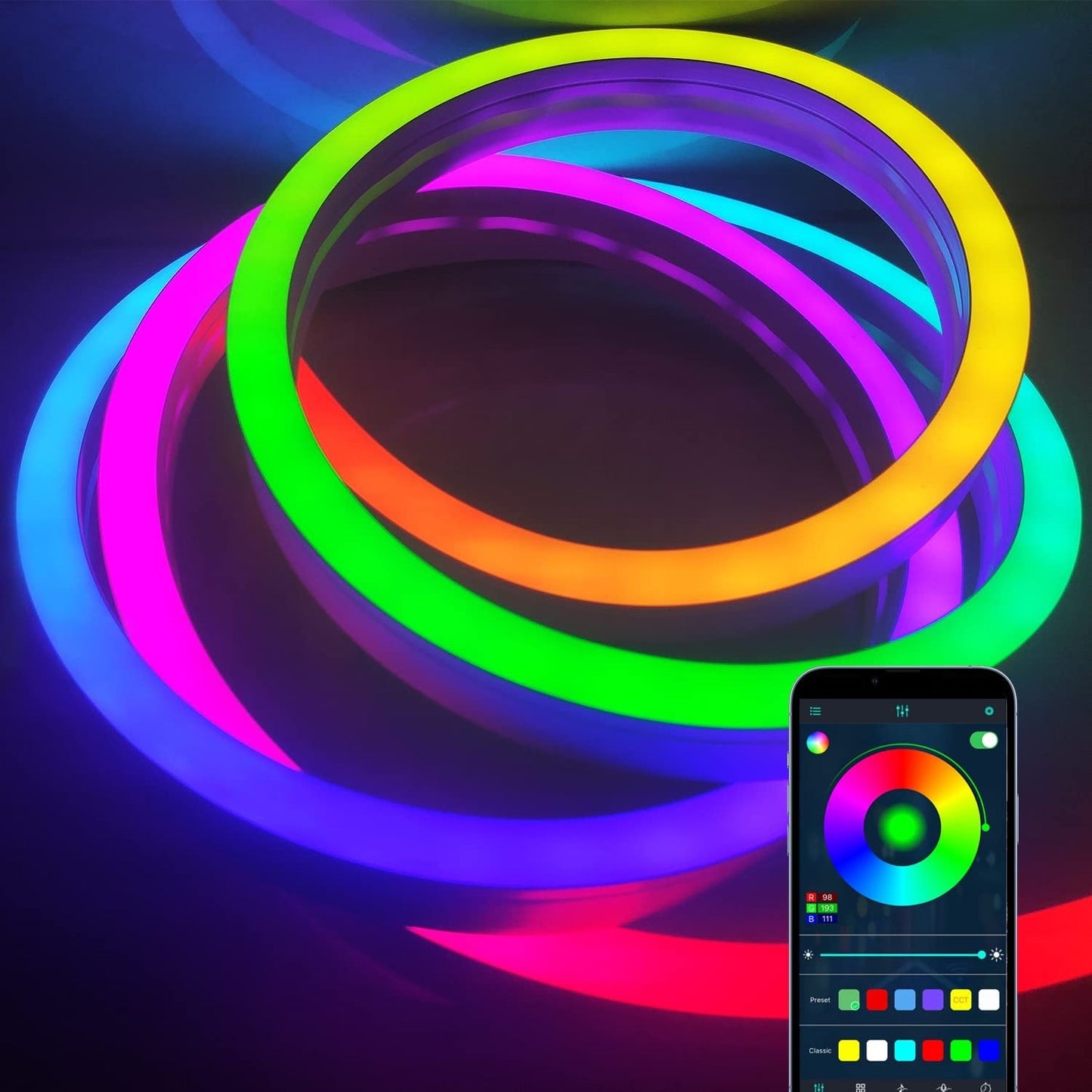 5m RGBIC NEON LED szalag, USB csatlakozás, WIFI vezérléssel - Leddy.hu